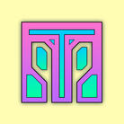 A colourful logo with sharp edges that has a vague T-shape in its centre.